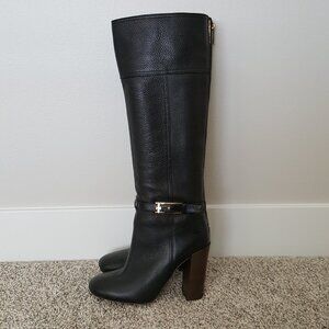 Tory Burch Jenna Knee High Tall Boot Black Tumbled Leather High Heel Zip Back 9
